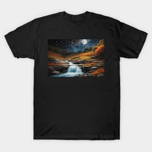 Landscape: river rushing water rocks flowers forest,moon,night T-Shirt